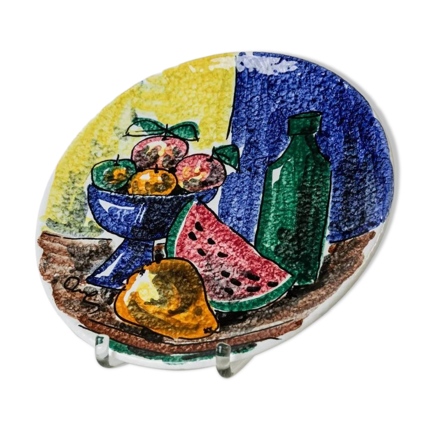 Multicolored hand-painted ceramic wall plate with 1960s Italian fruit motif, signed Stile