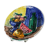 Multicolored hand-painted ceramic wall plate with 1960s Italian fruit motif, signed Stile