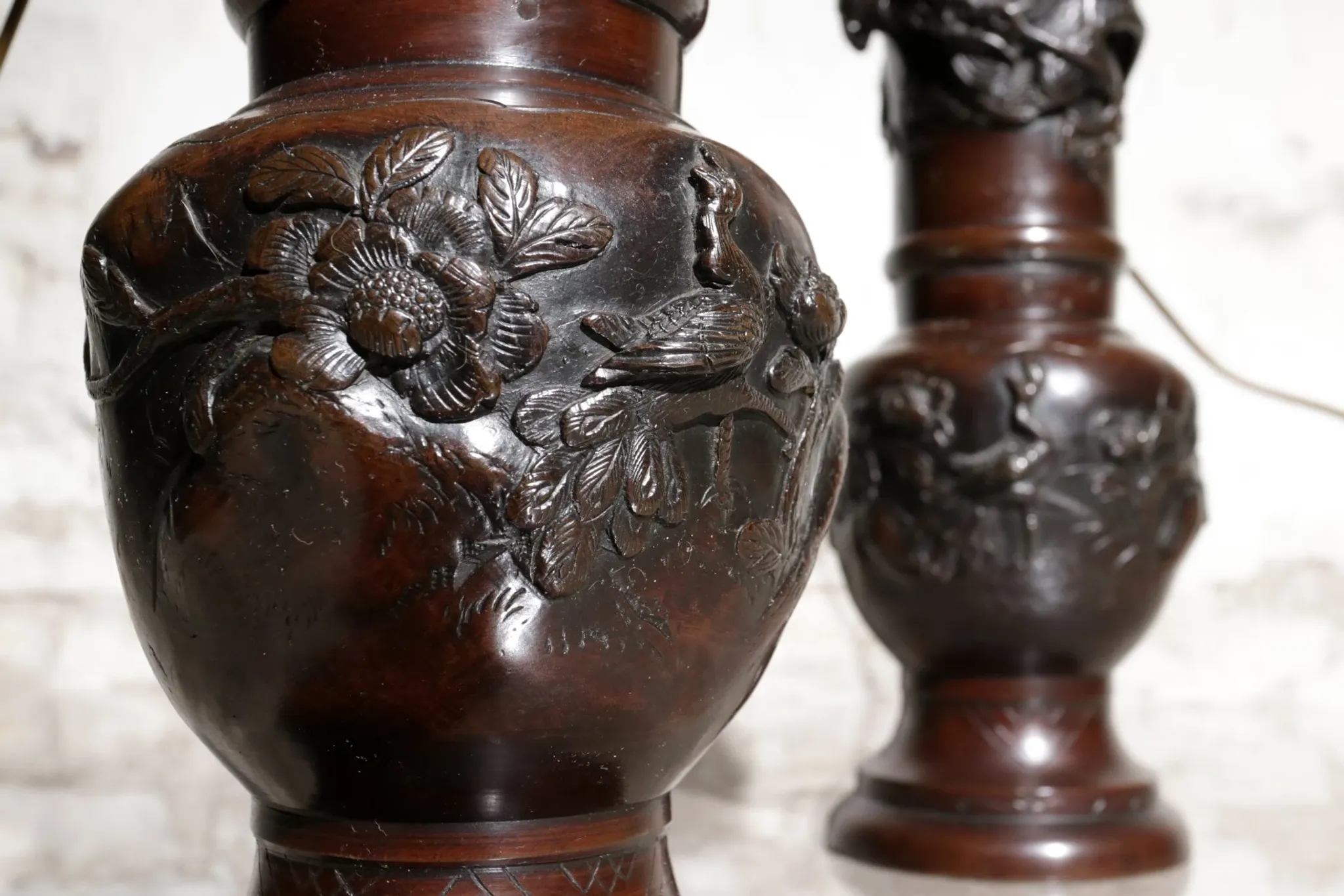 Set of 19th-century Japanese vase lamps with dragons and birds