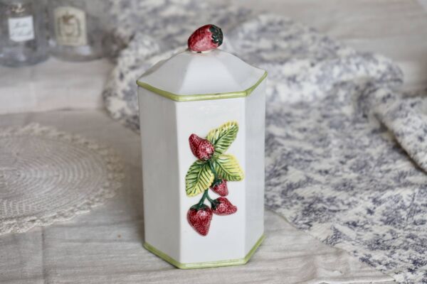 Pots de conservation vintage faïence et barbotine – Motifs fraise et olive