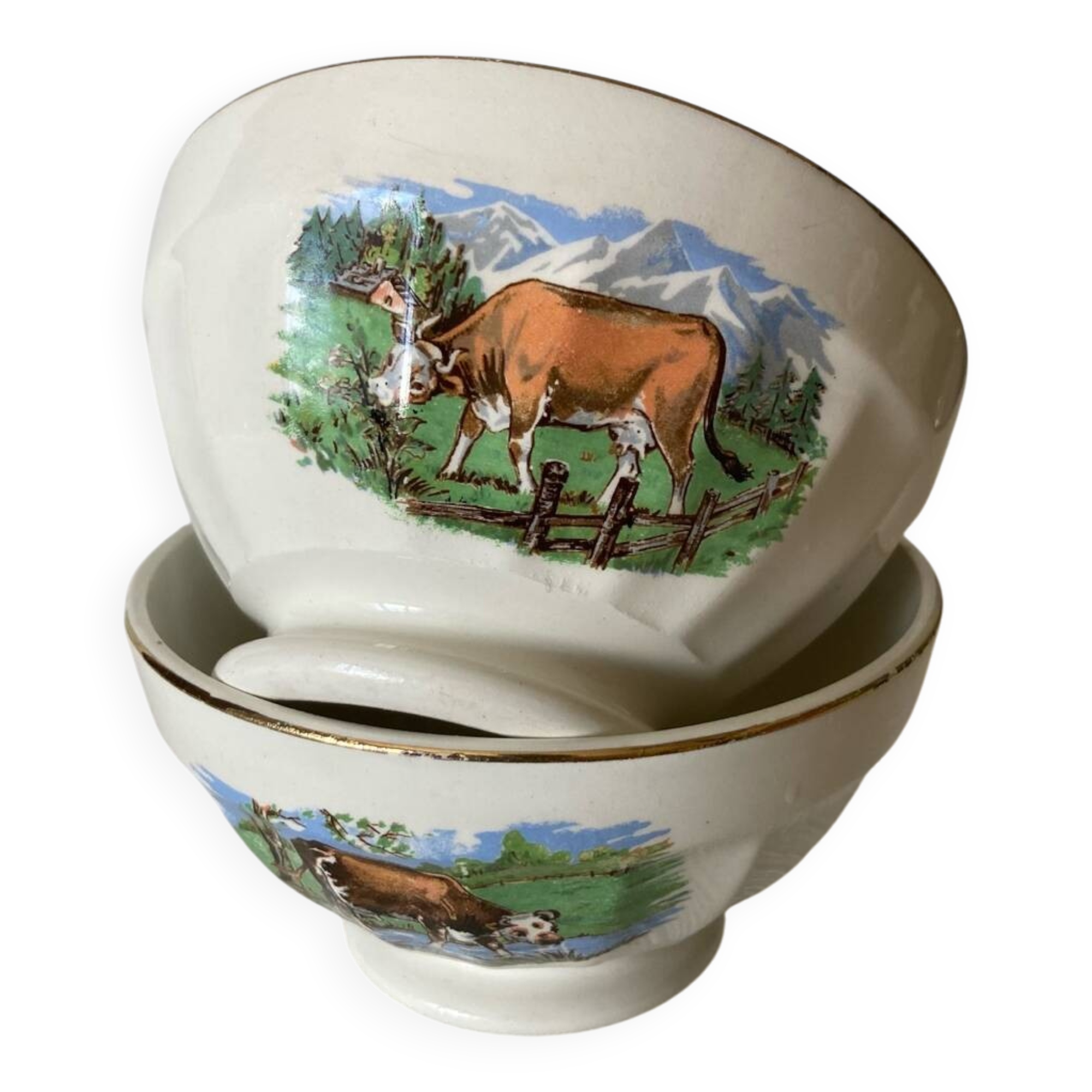 Pair of small faceted bowls with cow illustrations from the 40s and 50s