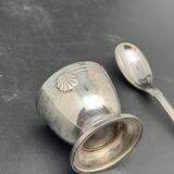 Duo of egg cup and its small white metal spoon (silverware) Ercuis