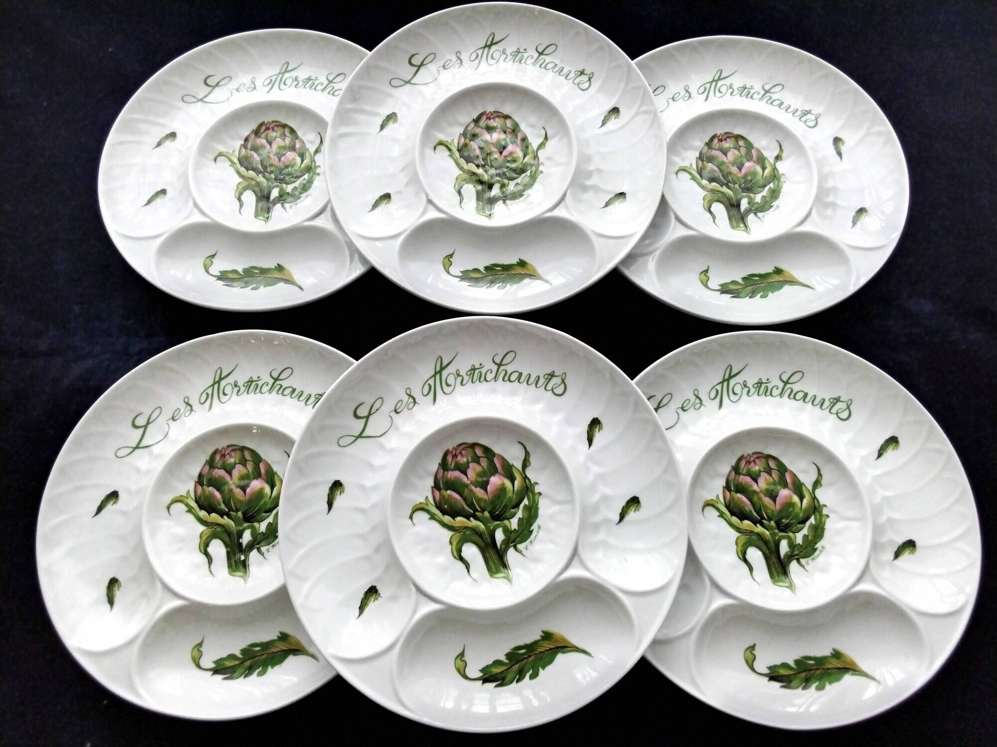 6 L'Hirondelle porcelain artichoke plates by Mehun sur Yèvre