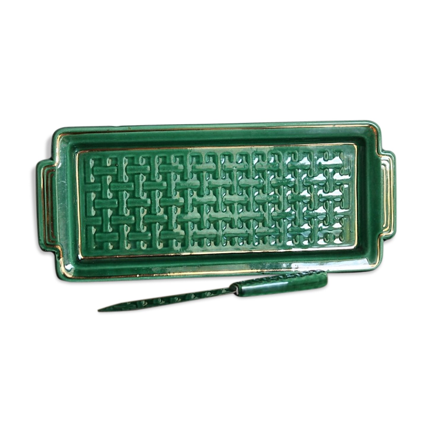 Green and gold ceramic dish