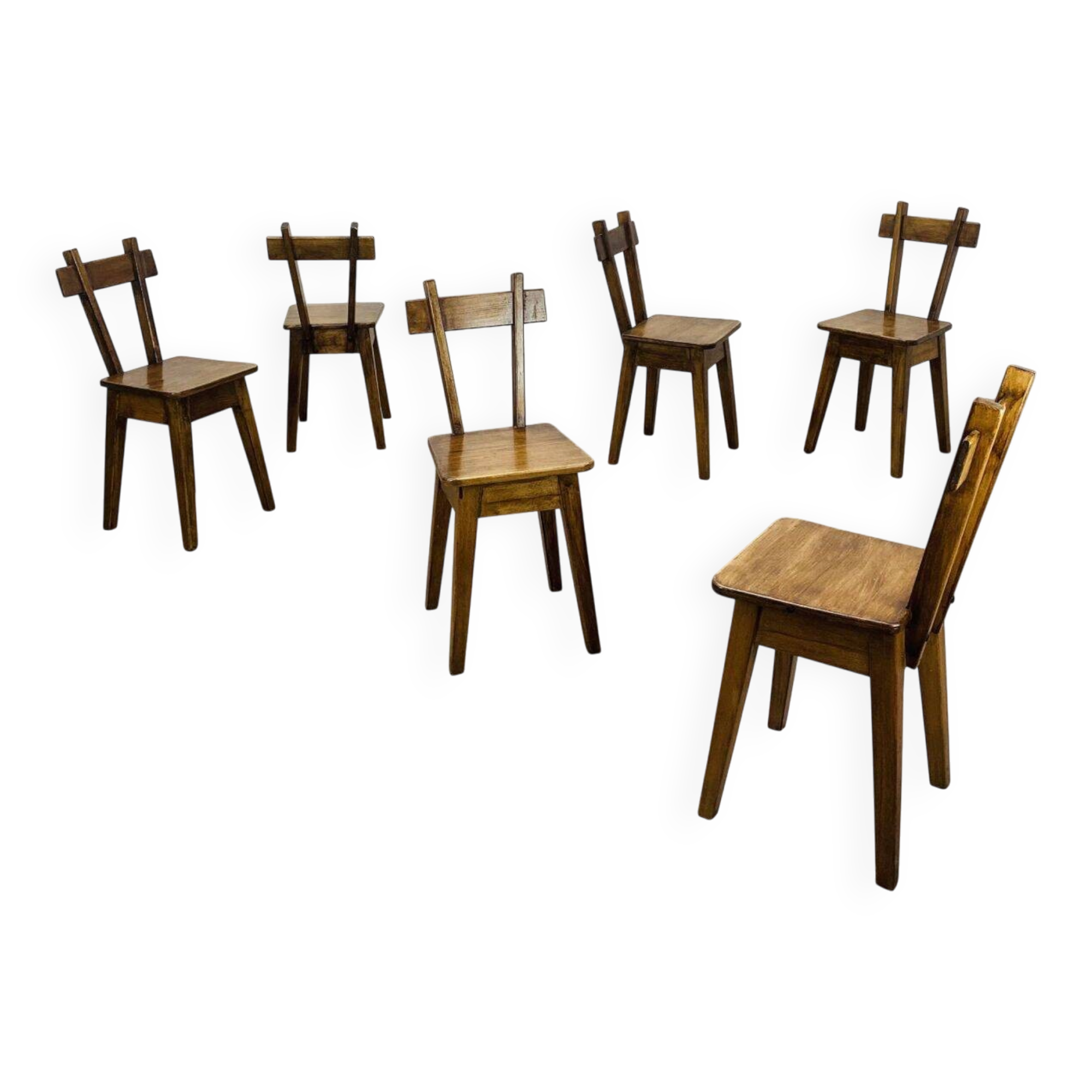 6 brutalist solid wood chairs, chalet decor, vintage