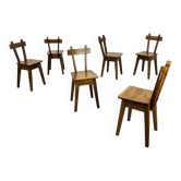 6 chaises brutalistes bois massif, déco chalet, vintage