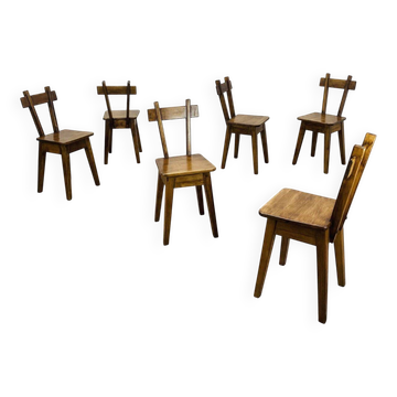 6 chaises brutalistes bois massif, déco chalet, vintage