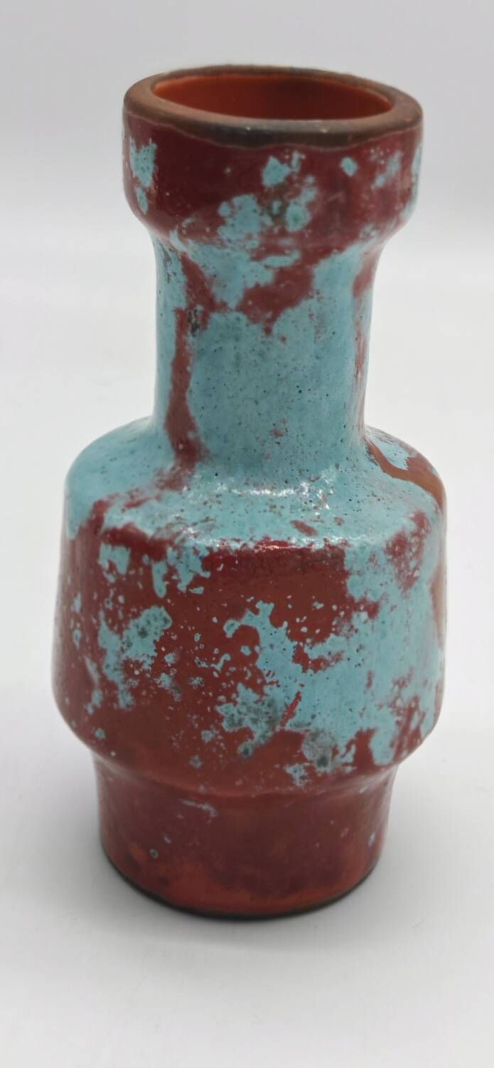 Small designer vase in oxblood red and turquoise blue