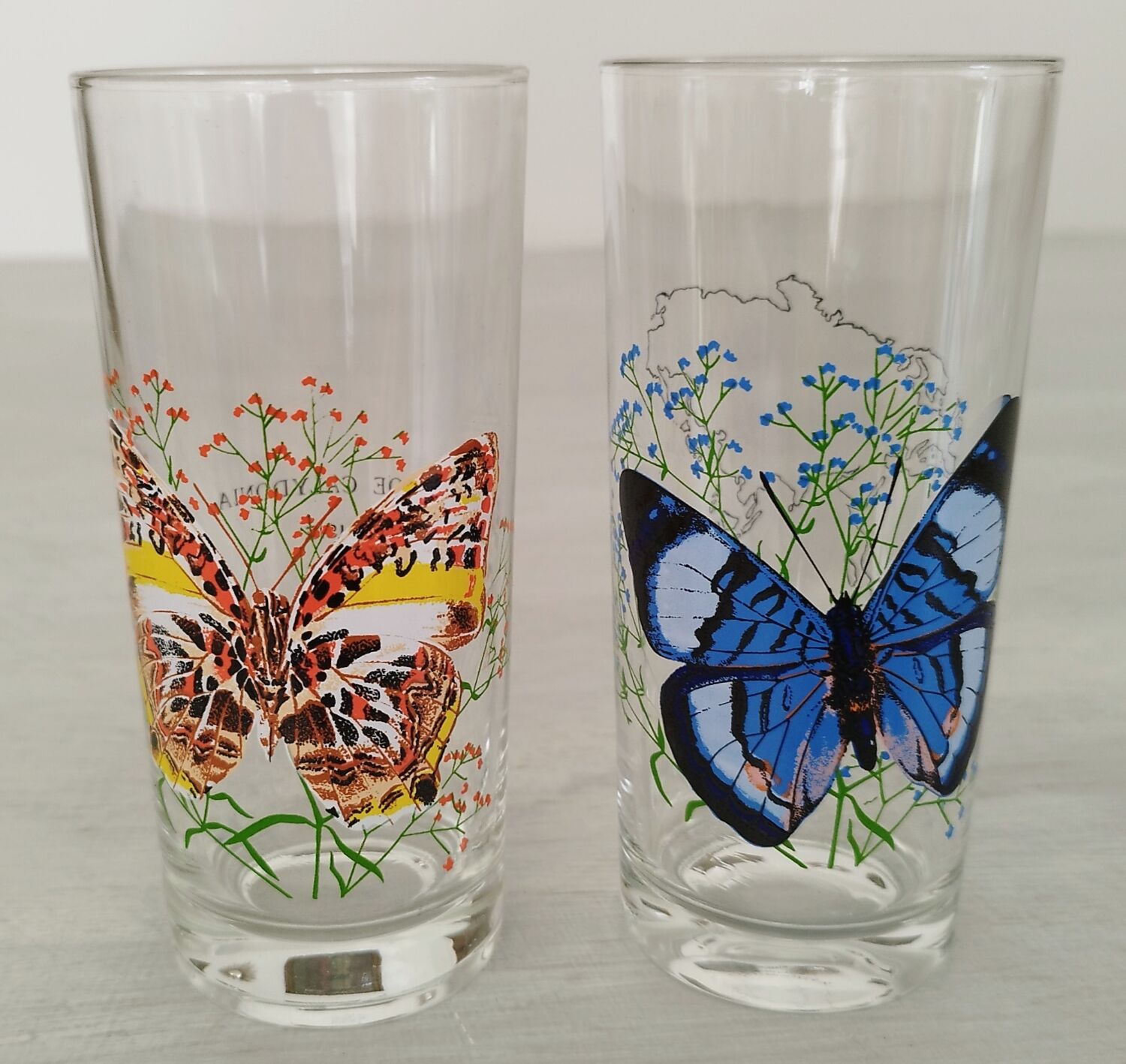 Verres à orangeade en verre décor papillon vintage