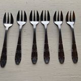 6 small stainless steel forks, lumen inox, chiseled metal, fillet model, vintage