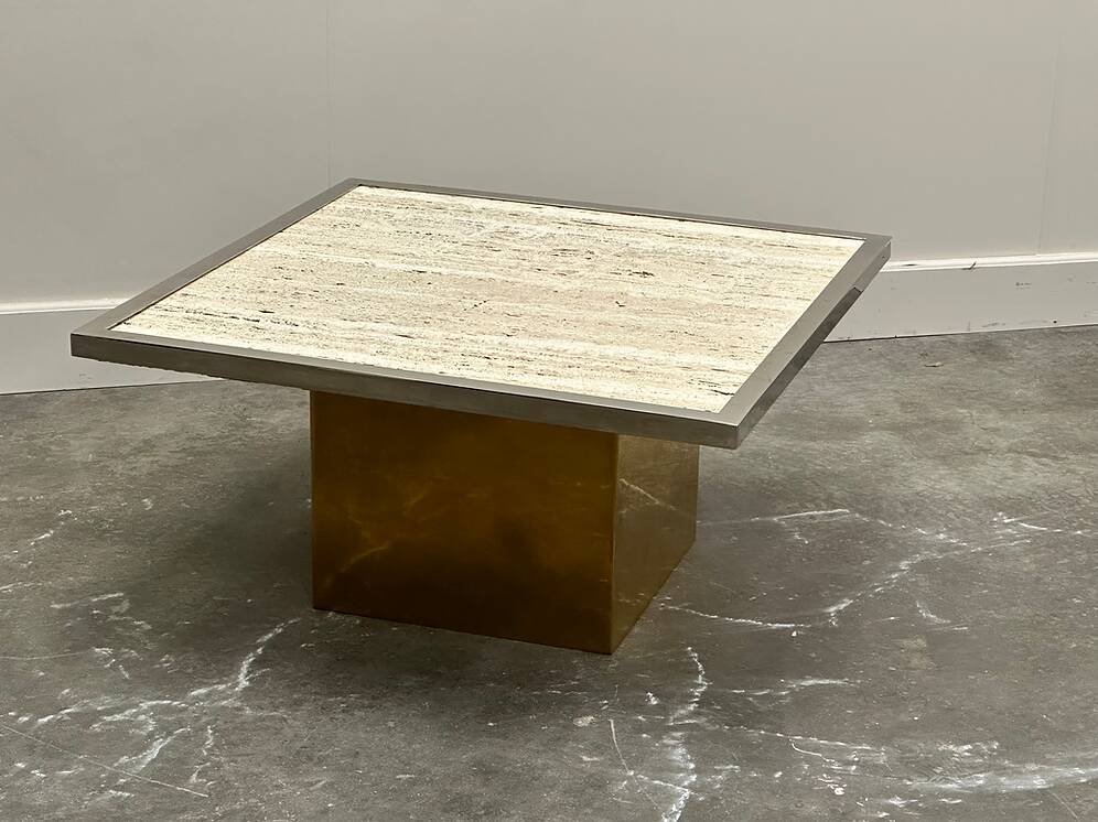 Brute travertine coffee table with brass base and chrome edges, France 1970s.