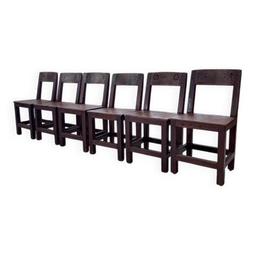 Set of 4 Savoyard pine folk art chairs from the 1950s.