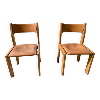 Chaises Luigi Gorgoni Roche Bobois 70's en Orme et cuir