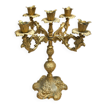 Italian candelabrum with five lights in gilded metal, rococo decoration and fe