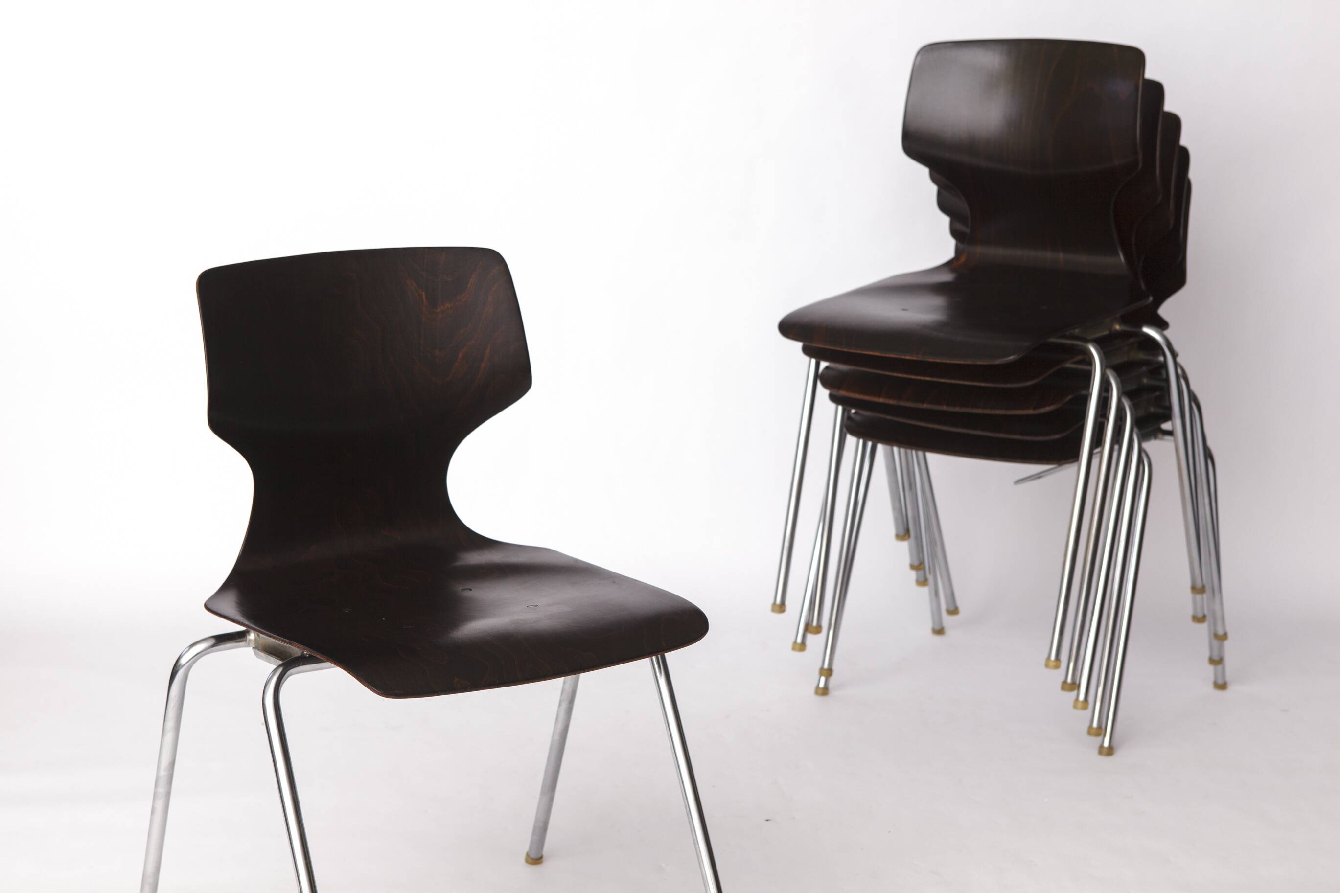 6 Flötotto Pagwood Chairs – German Design Classic, 1970s, Chrome & Plywood