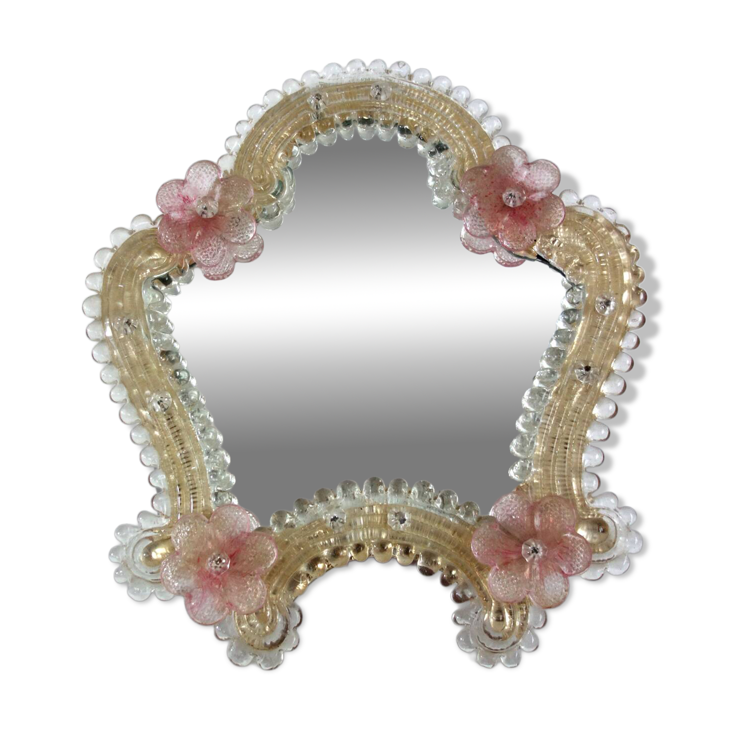 Venetian psyché mirror, blown glass from Murano, floral and beaded patterns.