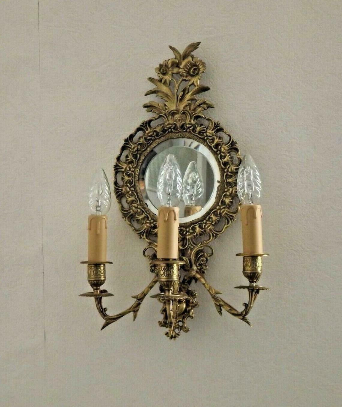 french antique Louis XlV bronze beveled mirror with 3 lights
