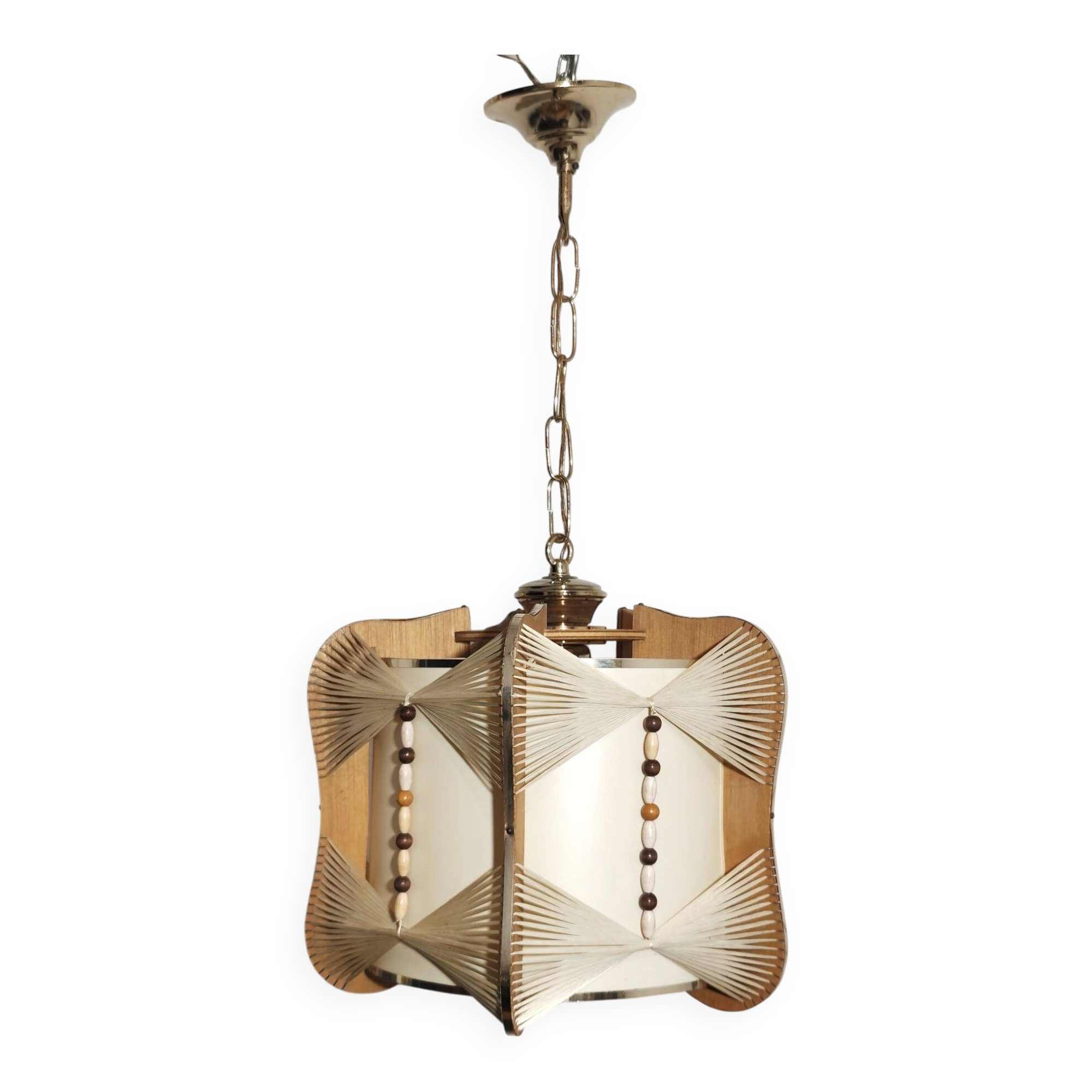 Raffia and wood ceiling lamp. Spain, 1970s.