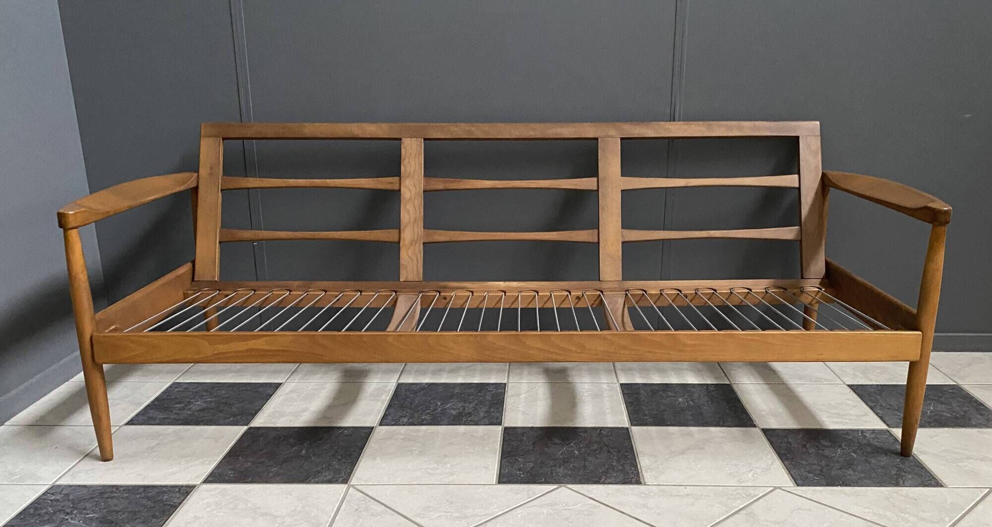 Grey fabric and wood 3 seat sofa 1960s