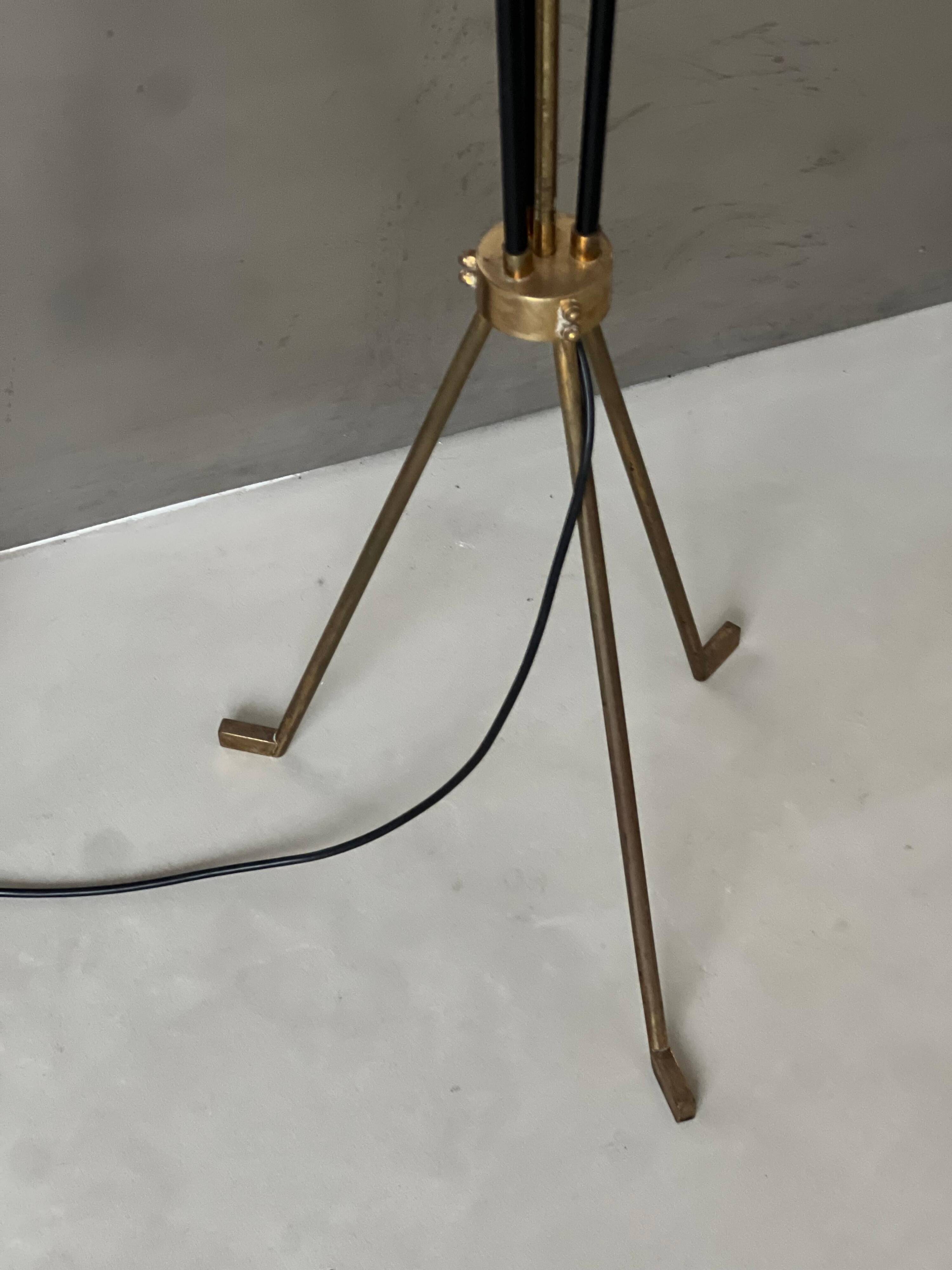 Vintage Italian Brass Floor Lamp in the style of Stilnovo, three legs, opaline
