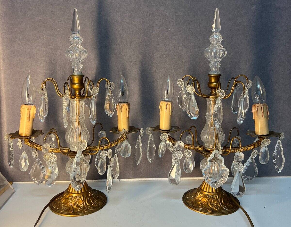 Pair of antique chandeliers, in brass with cut glass pendants, early 20th century