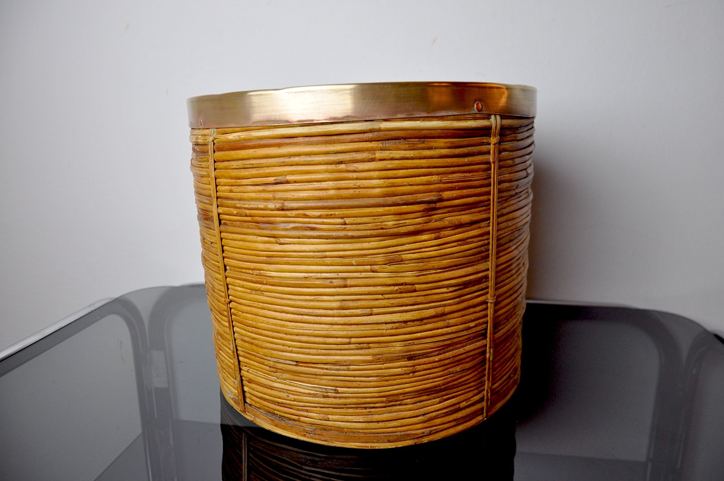 Rattan and brass planter basket, Italy, 1970