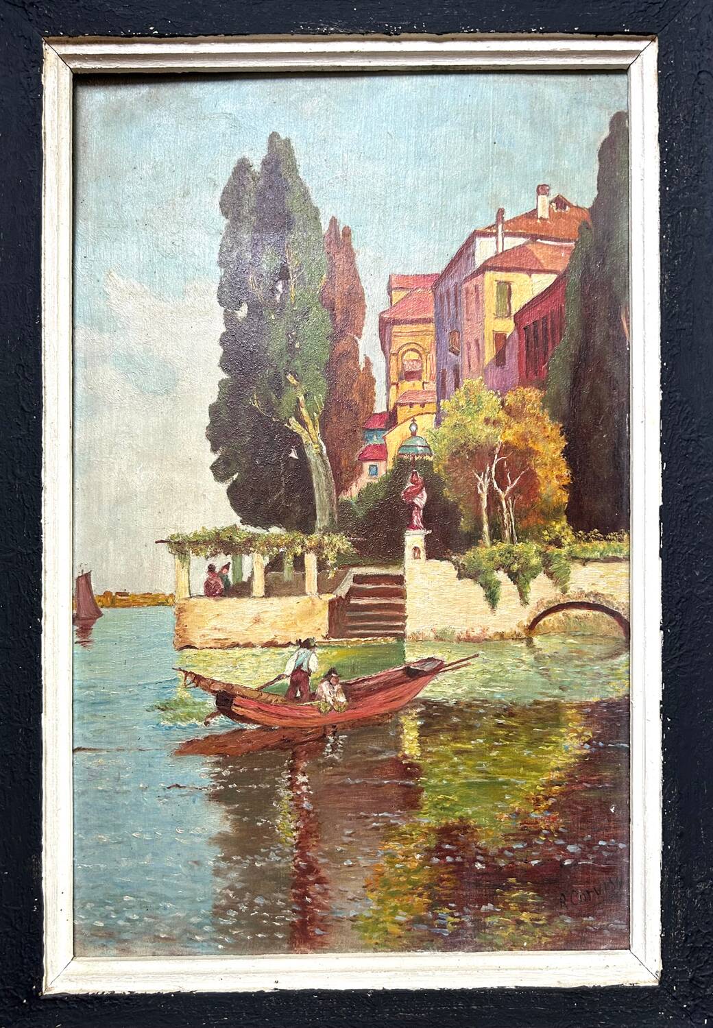 Barge on Lake Como, oil on panel, R. Corvisy, 20th century