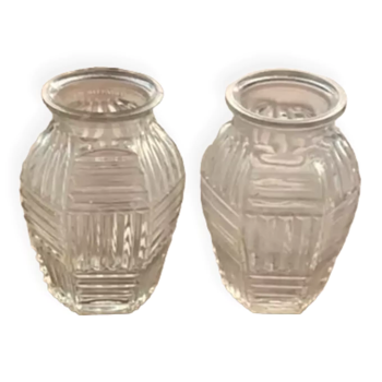 Two hyacinth vases in molded glass with vintage geometric patterns