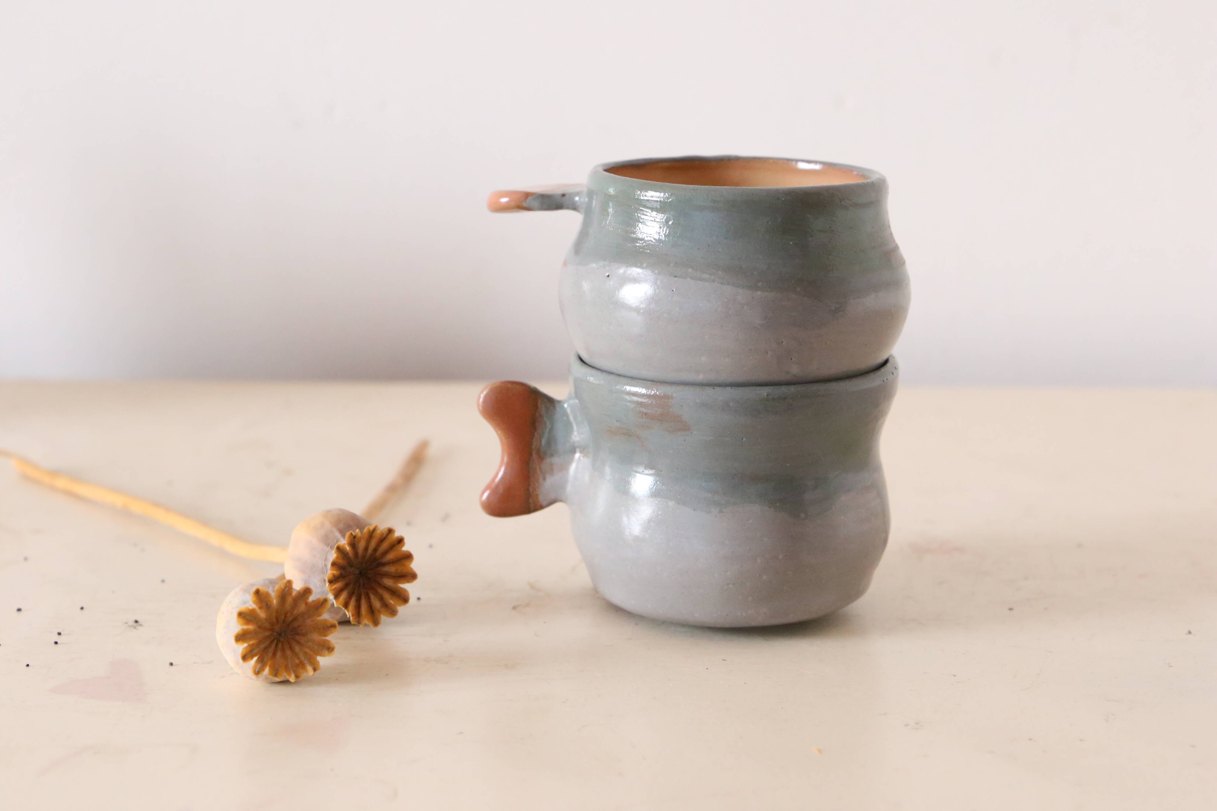 Set of 2 sandstone cups, artisanal pottery, vintage, 1980