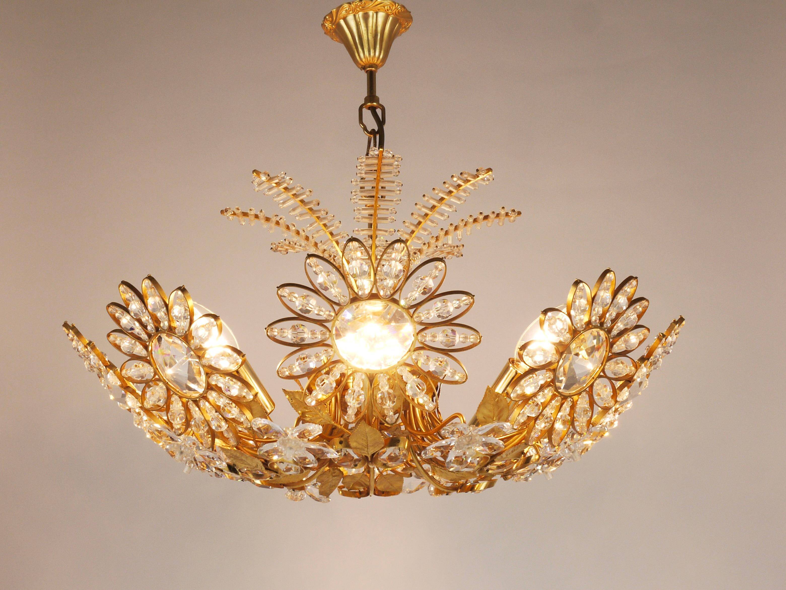 Ernst Palme Grand Chandelier Palm Tree Flower Palwa, Gilded Brass, Crystals, 1970s