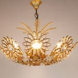 Ernst Palme Grand Chandelier Palm Tree Flower Palwa, Gilded Brass, Crystals, 1970s