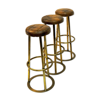 3 vintage brass and leather barstools set of three scandinavian1950s