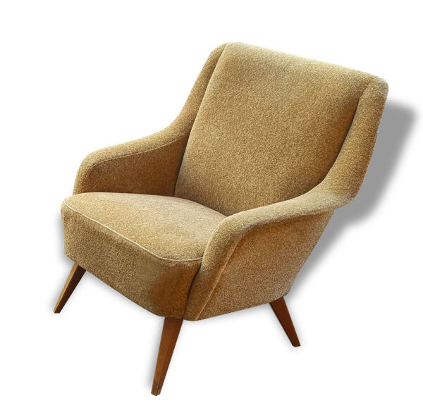 Fauteuil club danois accoudoir vague années 50/60 jaune beige