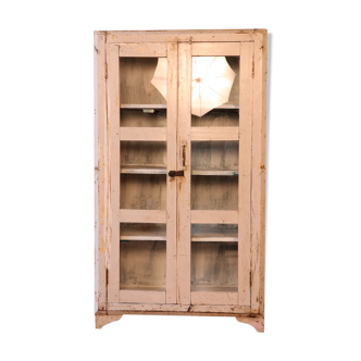 Old display case in Burmese teak with white-ecru patina
