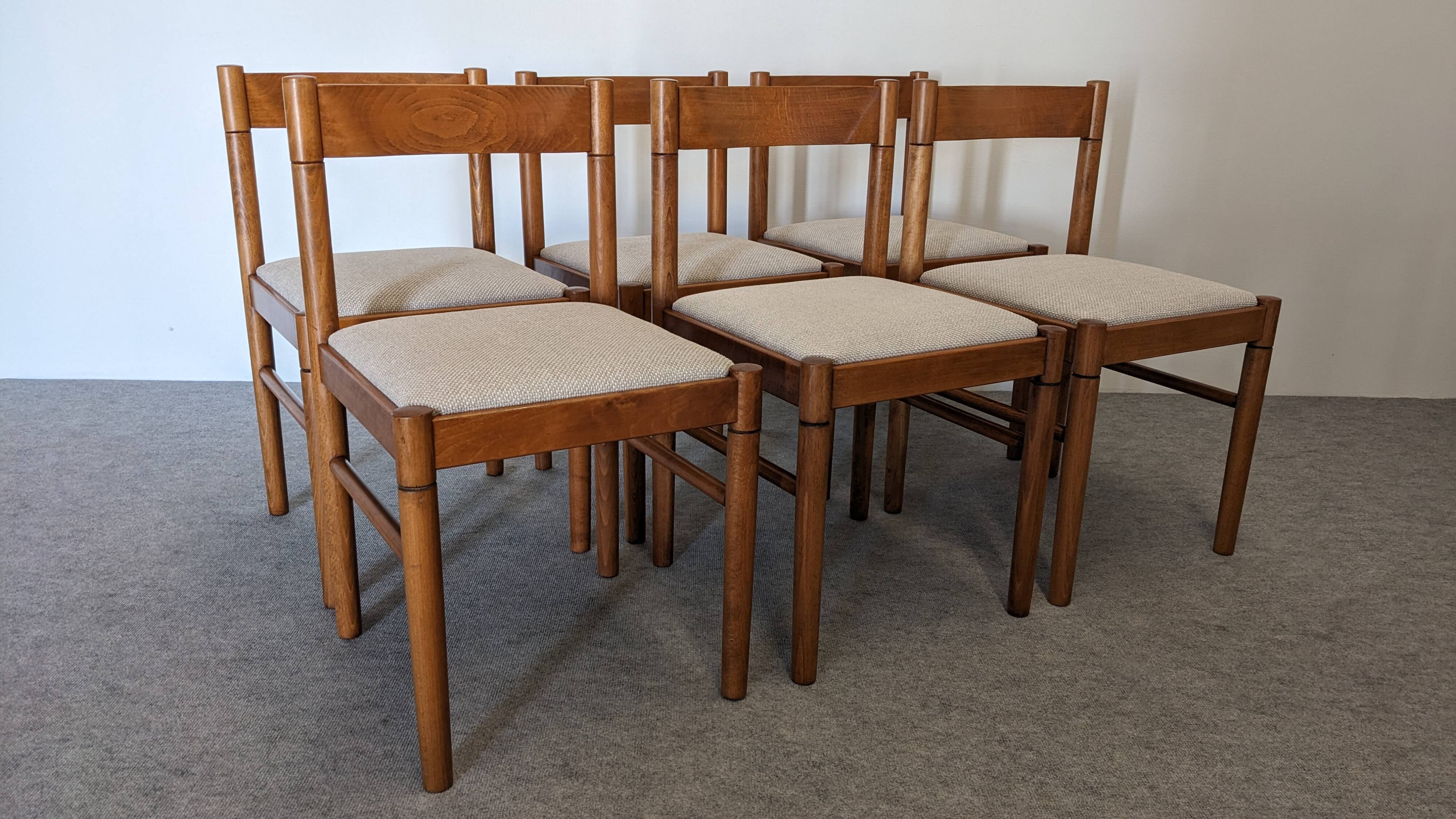 Set of 6 brutalist beech chairs, France circa 1970