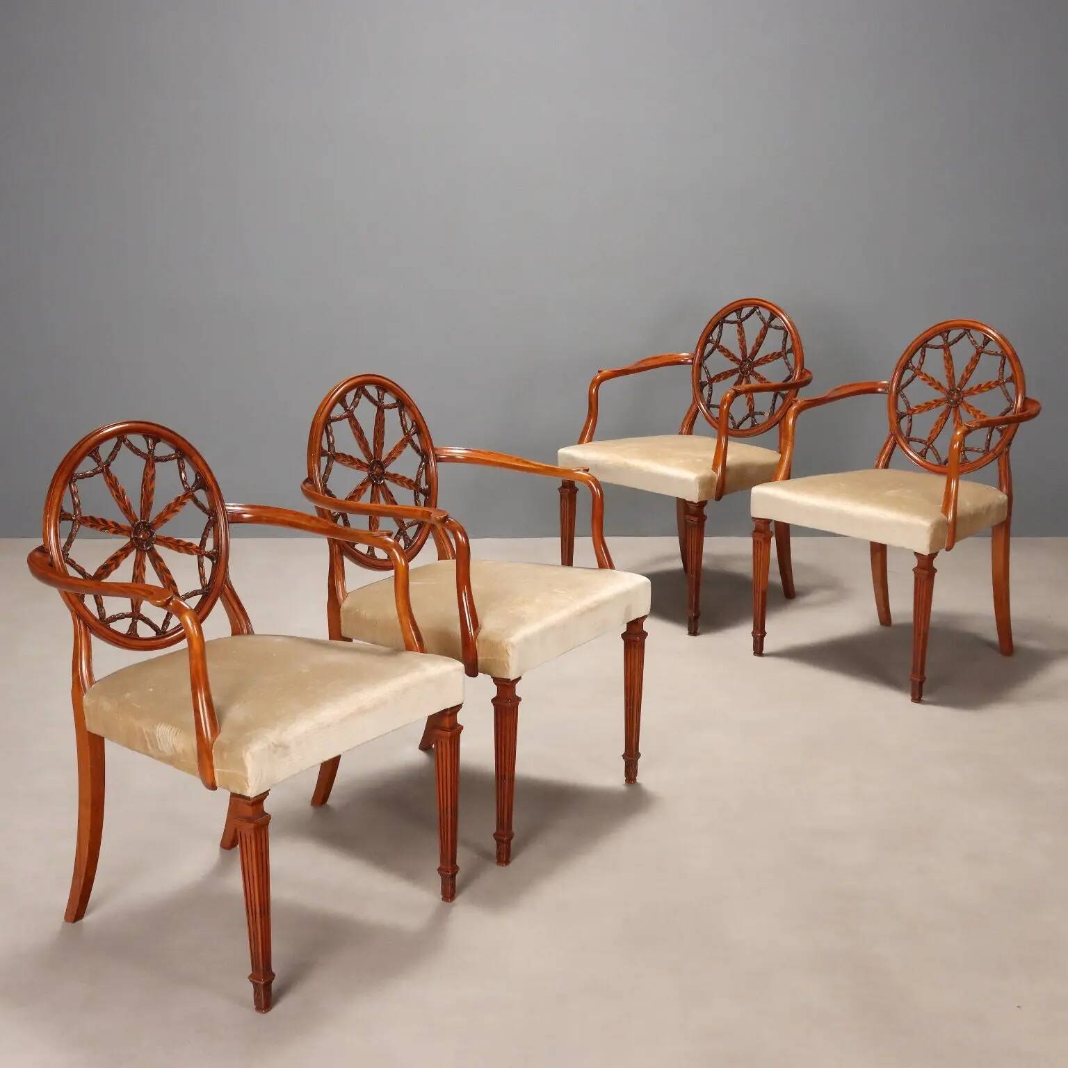 Antique cherry wood and fabric armchairs, United Kingdom, 20th century