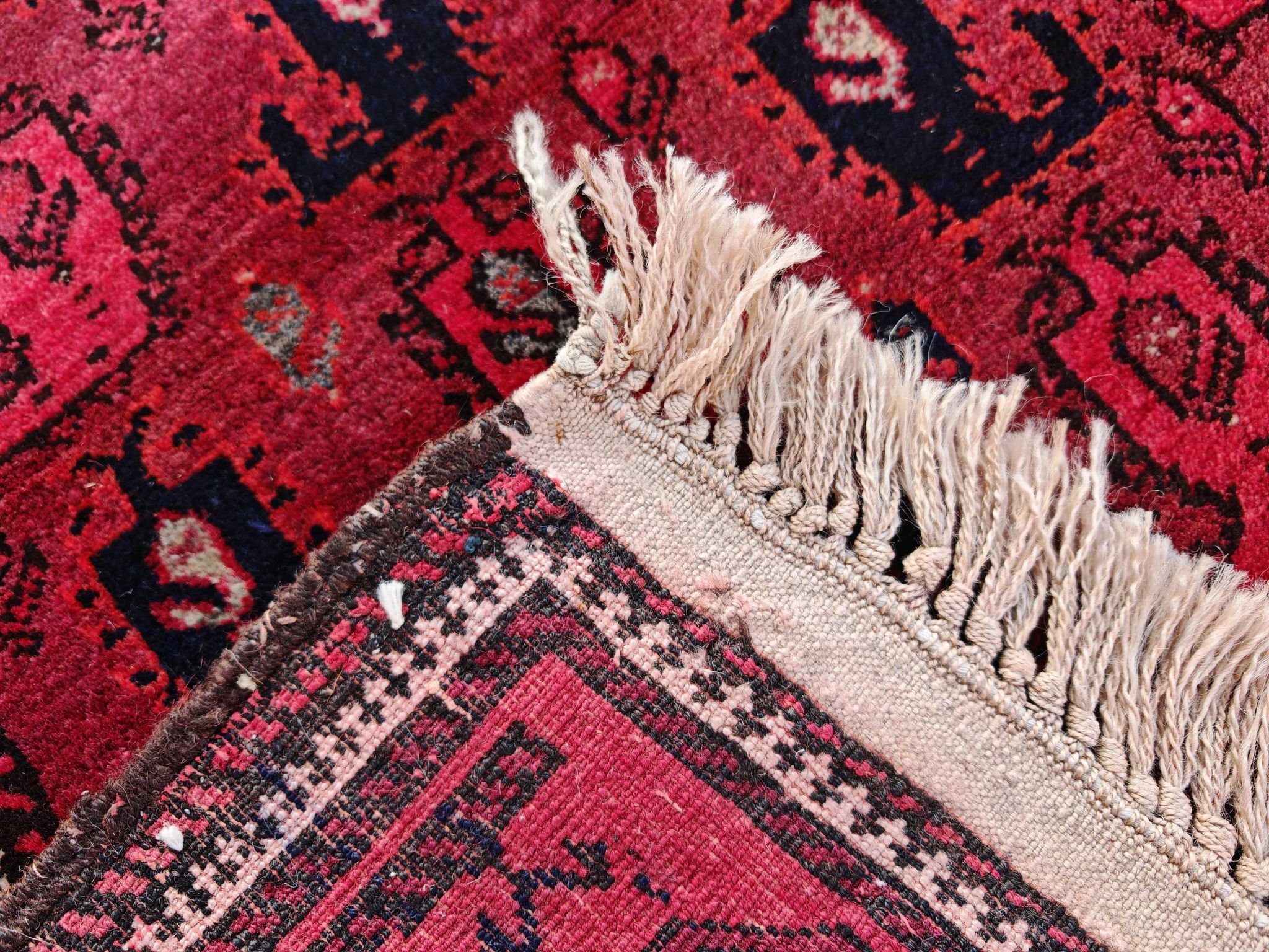 Vintage hand-knotted Boteh rug in natural wool from Afghanistan, 1960s.