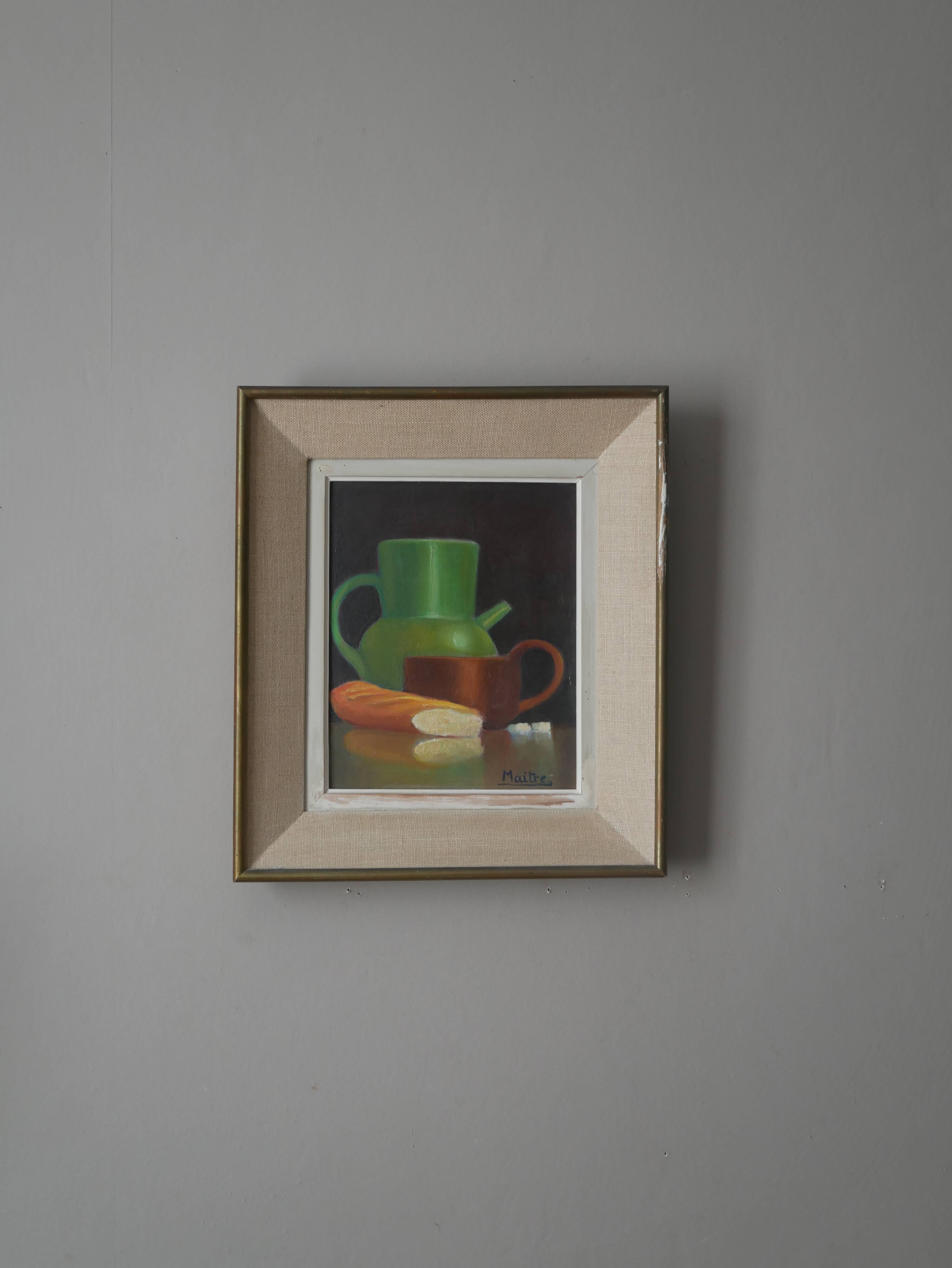 Painting still life old frame countryside decoration signed oil wooden panel lunch