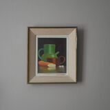 Painting still life old frame countryside decoration signed oil wooden panel lunch