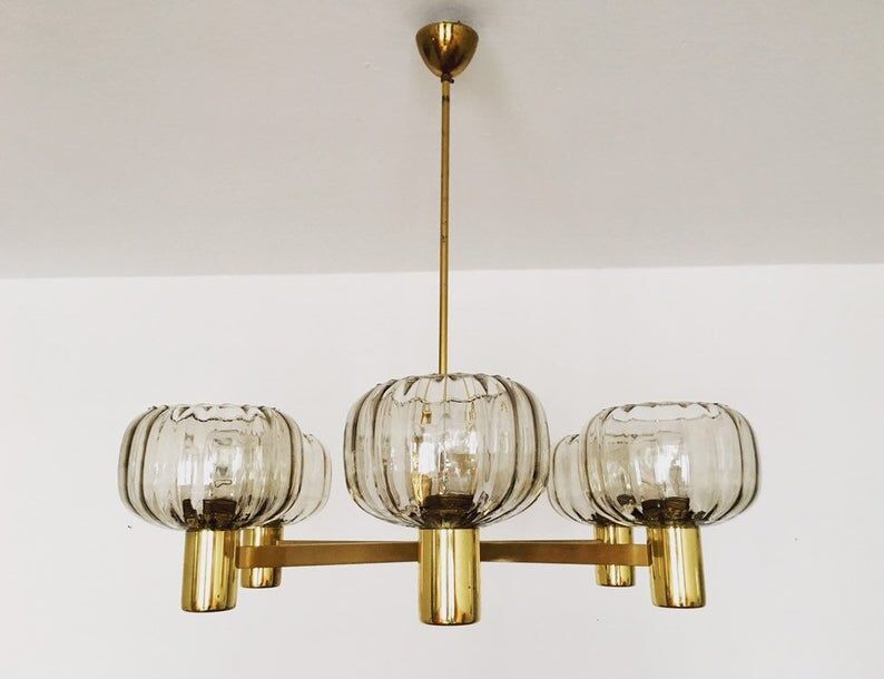 Mid Century Modern brass chandelier with smoked glass shades