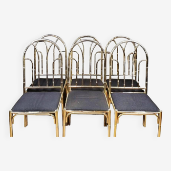 Série de 6 chaises de style bambou en laiton argenté, vintage 70"