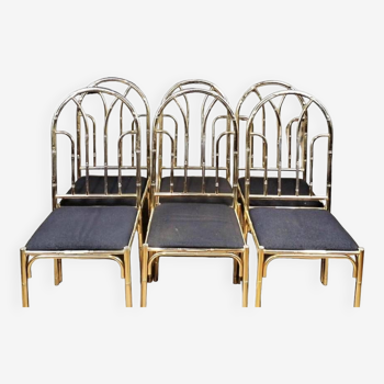Set of 6 bamboo style chairs in silver brass, vintage 70"