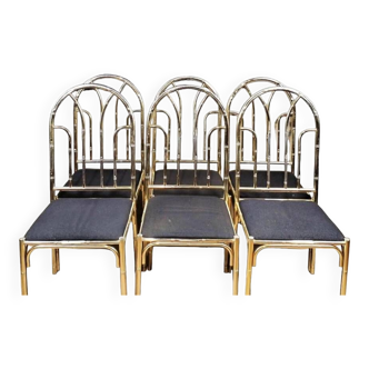 Série de 6 chaises de style bambou en laiton argenté, vintage 70"