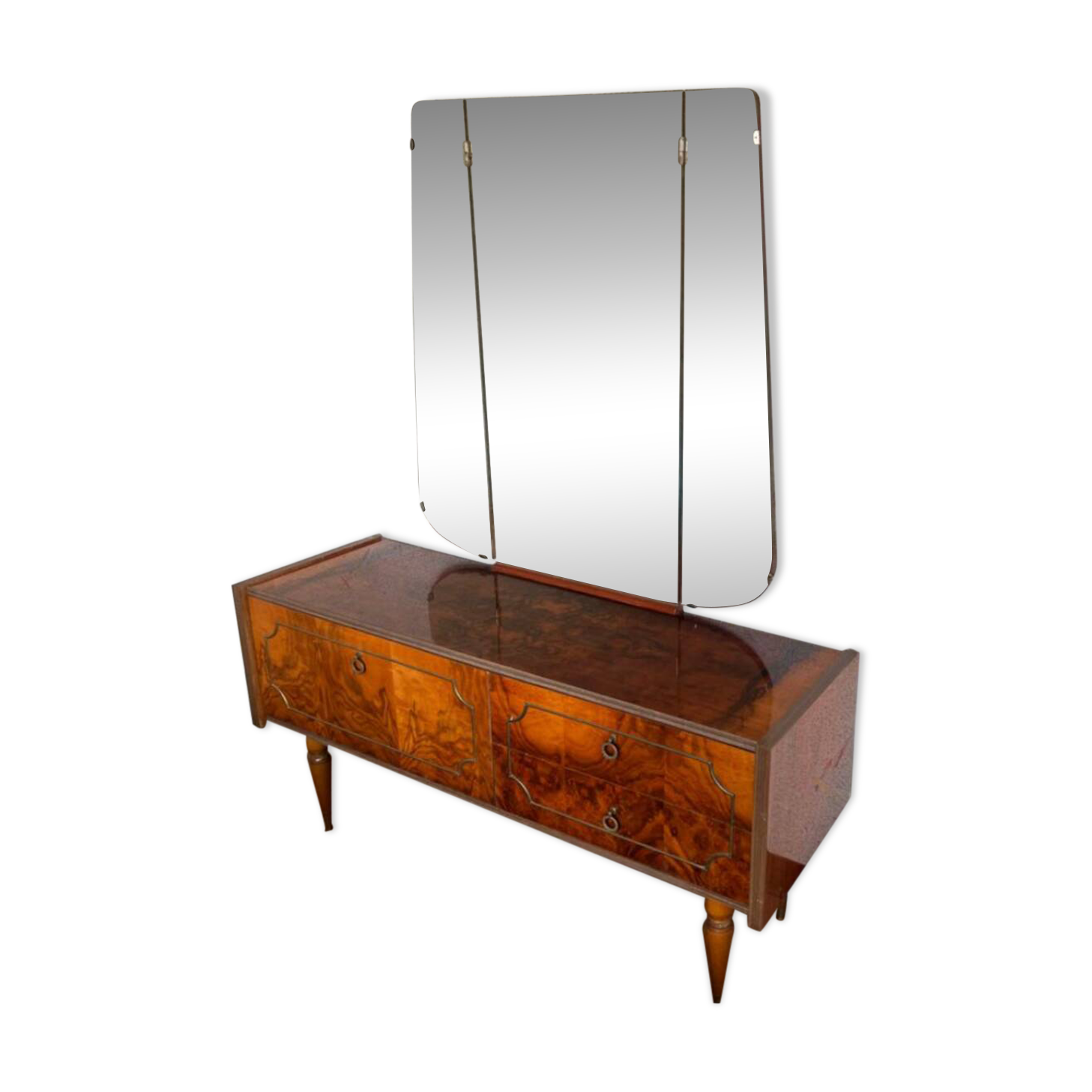 Walnut dresser, triple mirror & brass - Regency/Art Deco