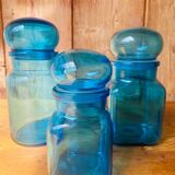 Trio of jars apothecary bottle in blue glass with round cap