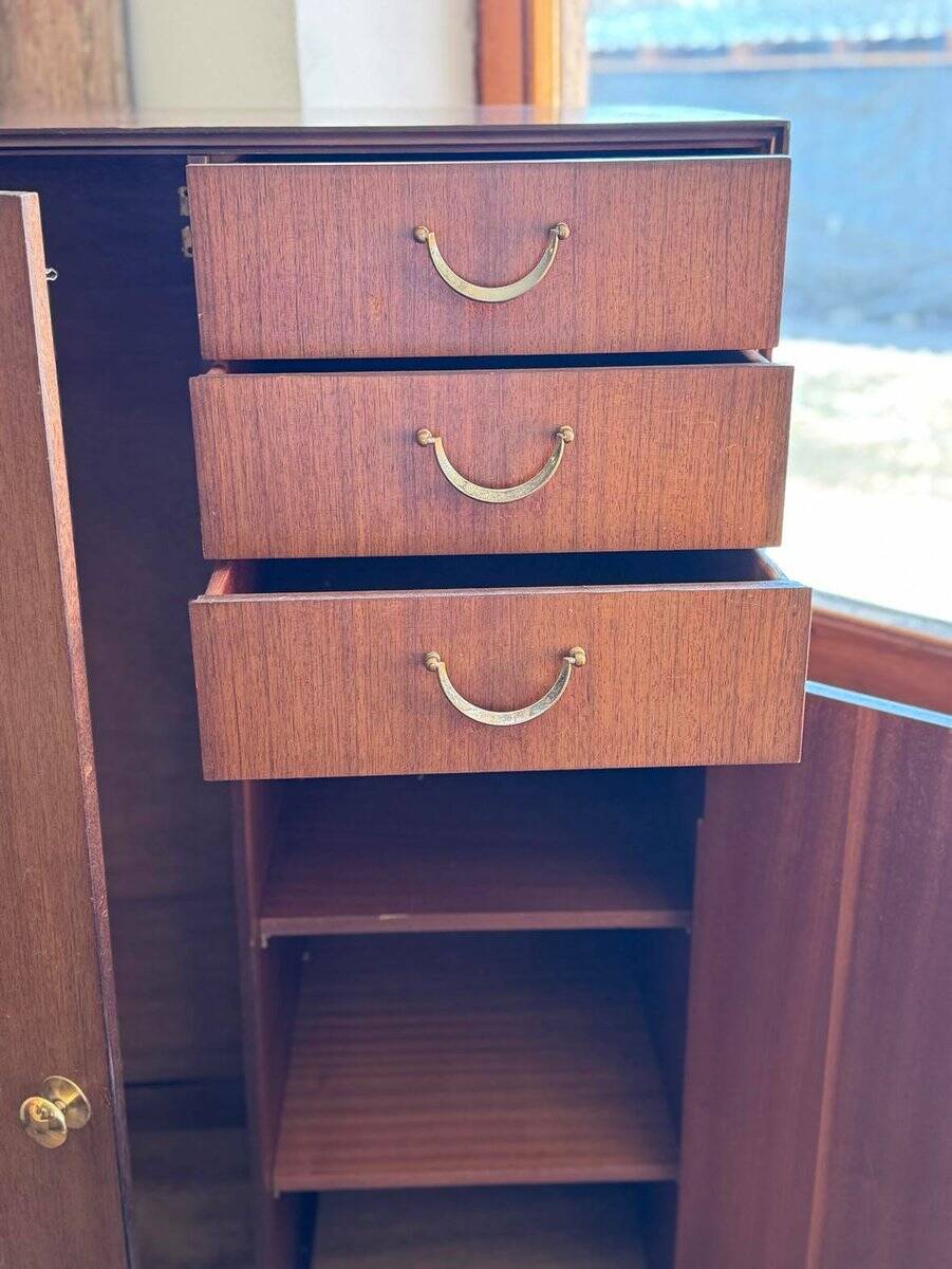 Mid-Century teak wardrobe in brown by Meredew, vertical storage 1960s
