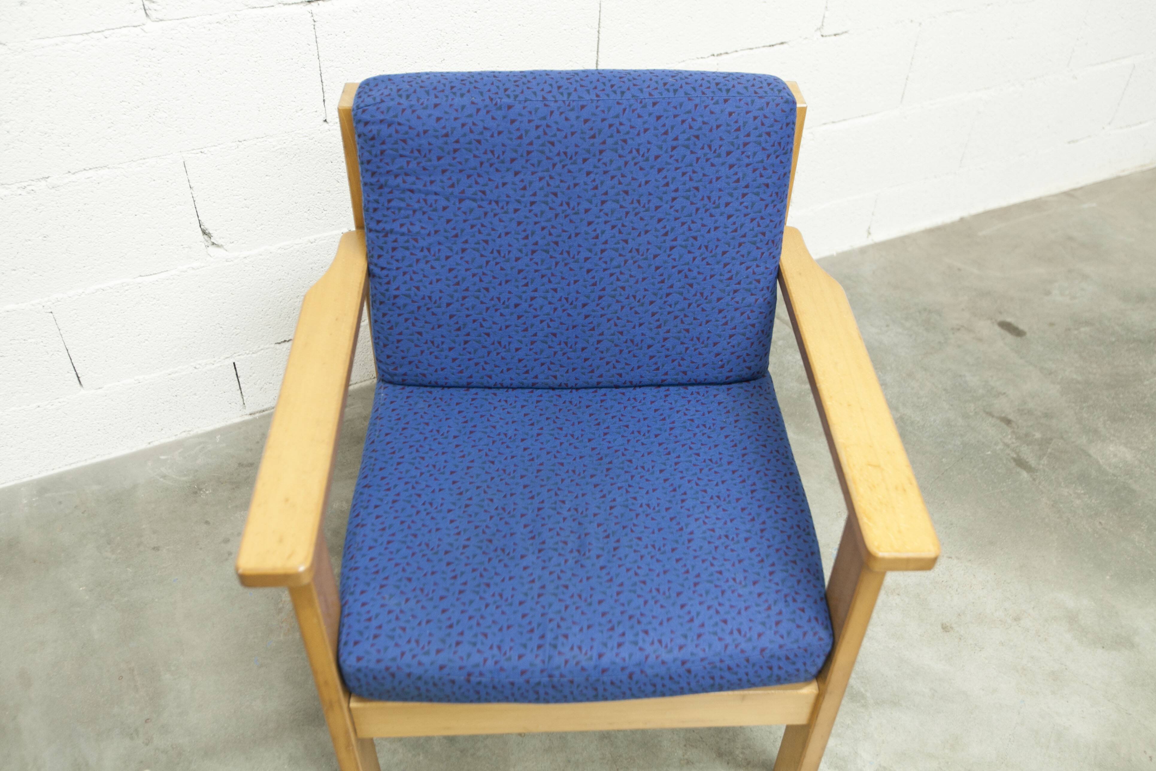 Comfortable 1980s blue and honey beech armchair