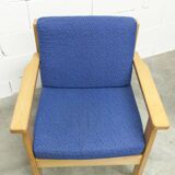 Comfortable 1980s blue and honey beech armchair