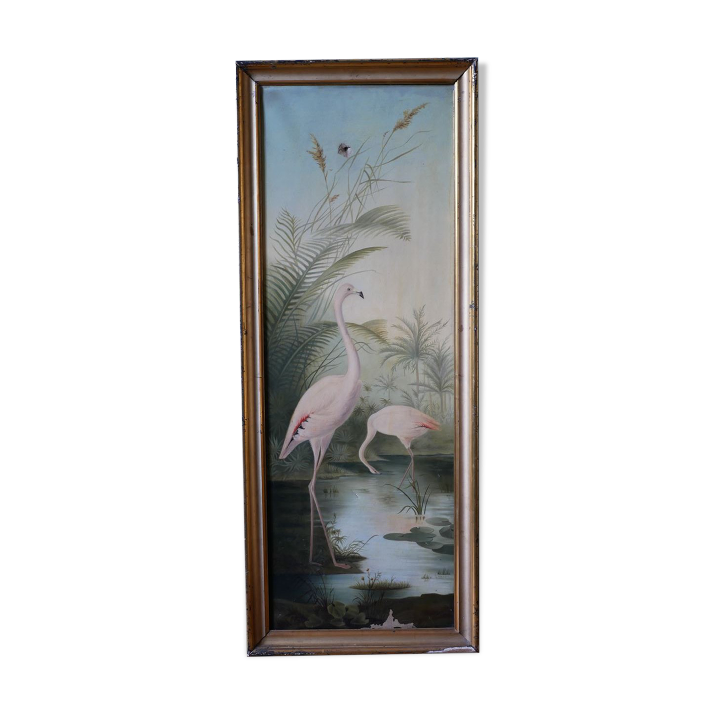 Ancienne huile sur toile encadrée, "Flamands roses"