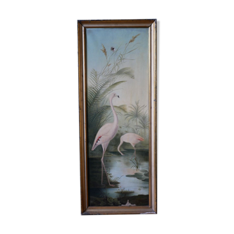 Ancienne huile sur toile encadrée, "Flamands roses"